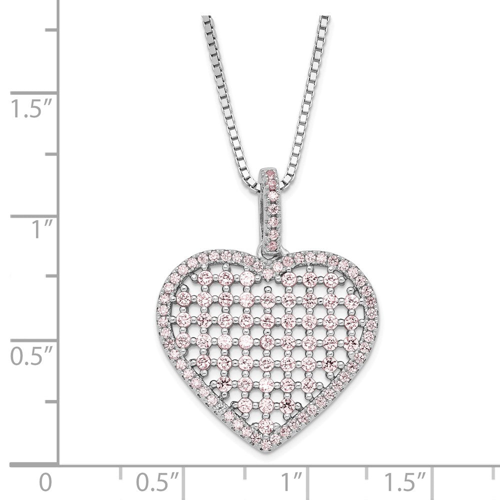 Sterling Silver Brilliant Embers Pink Cz Heart W/ 2In Ext Necklace