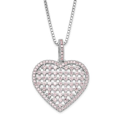 Sterling Silver Brilliant Embers Pink Cz Heart W/ 2In Ext Necklace