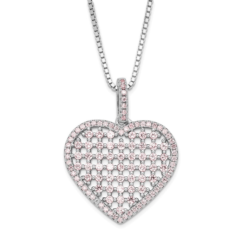 Sterling Silver Brilliant Embers Pink Cz Heart W/ 2In Ext Necklace