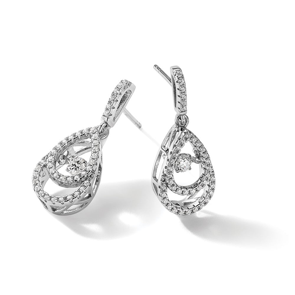 Sterling Silver Brilliant Embers Rhodium-Plated 82 Stone Cz Moving Center Pear Shaped Vibrant With Micro Pav Dangle Post Earrings