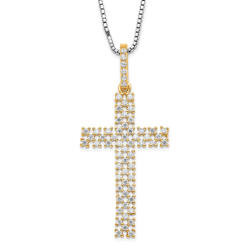 Sterling Silver Brilliant Embers Gold-Tone & Cz Cross W/ 2In Ext Necklace