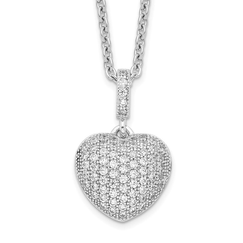 Sterling Silver Brilliant Embers Rhodium-Plated 74 Stone 18 Inch Micro Pav Cz Heart Necklace With 2 Extender