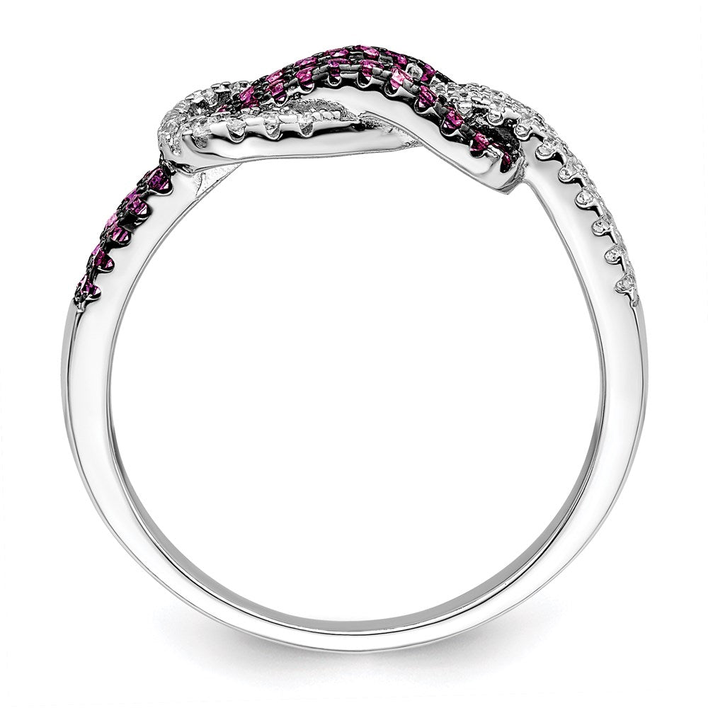 Sterling Silver Brilliant Embers Rhodium-Plated 64 Stone Micro Pav Red And White Cz Love Knot Ring
