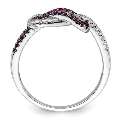 Sterling Silver Brilliant Embers Rhodium-Plated 64 Stone Micro Pav Red And White Cz Love Knot Ring