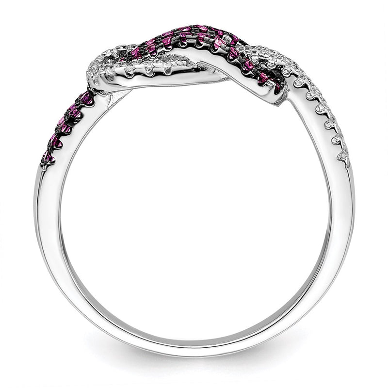 Sterling Silver Brilliant Embers Rhodium-Plated 64 Stone Micro Pav Red And White Cz Love Knot Ring