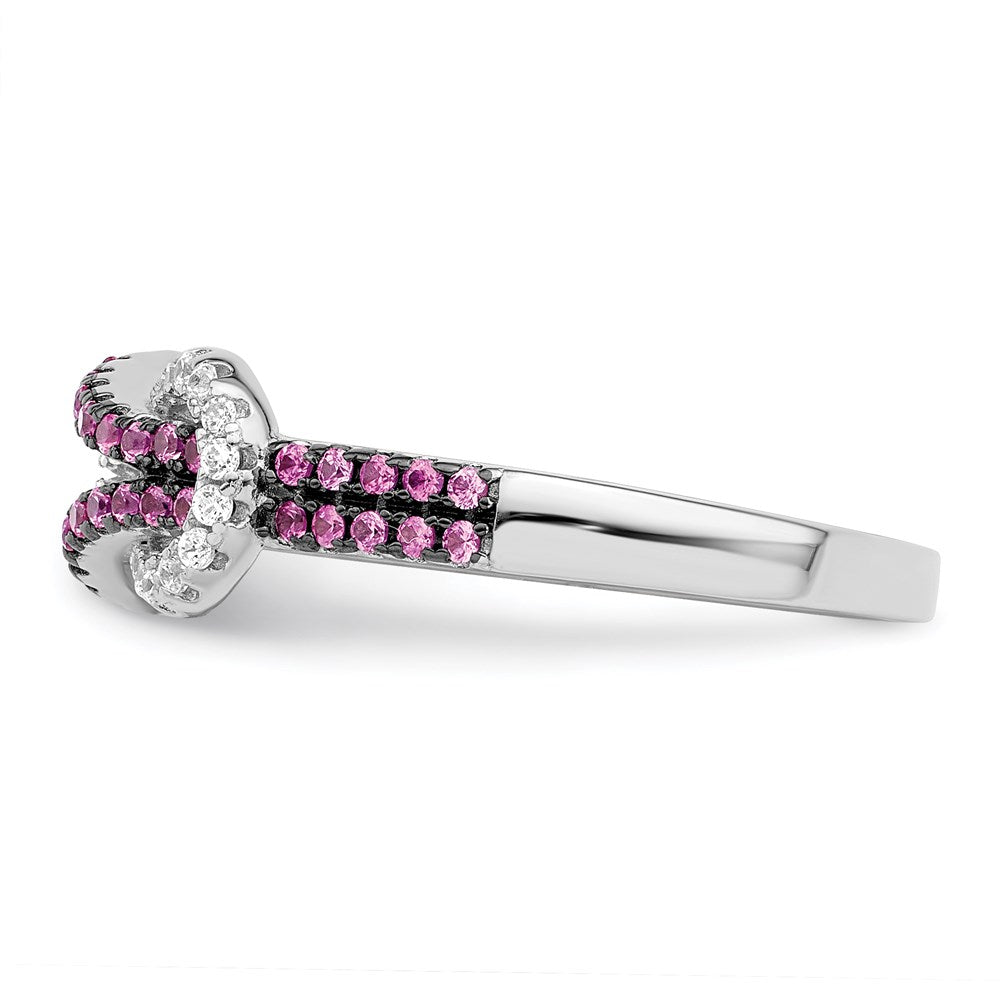 Sterling Silver Brilliant Embers Rhodium-Plated 64 Stone Micro Pav Red And White Cz Love Knot Ring