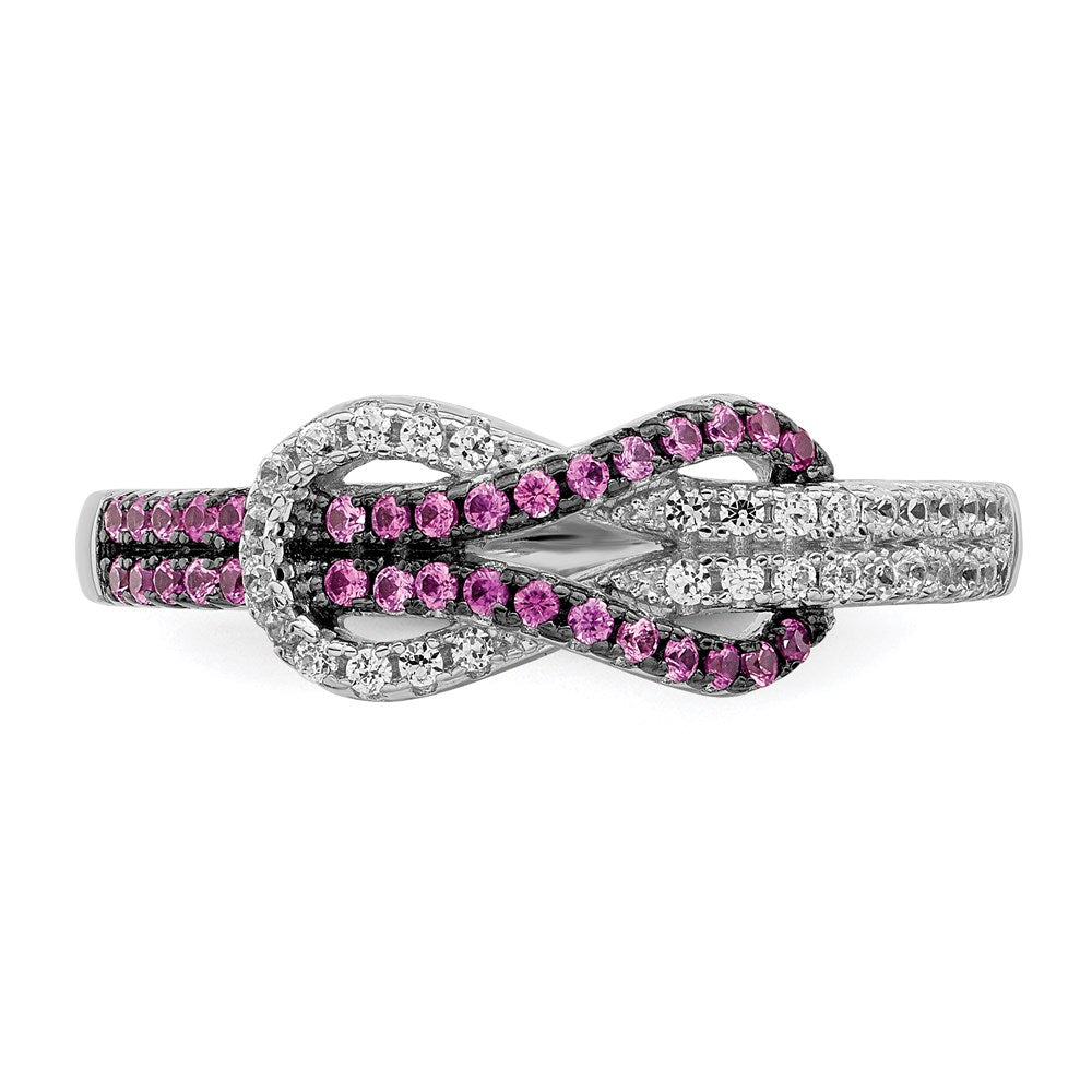 Sterling Silver Brilliant Embers Rhodium-Plated 64 Stone Micro Pav Red And White Cz Love Knot Ring