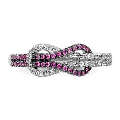 Sterling Silver Brilliant Embers Rhodium-Plated 64 Stone Micro Pav Red And White Cz Love Knot Ring