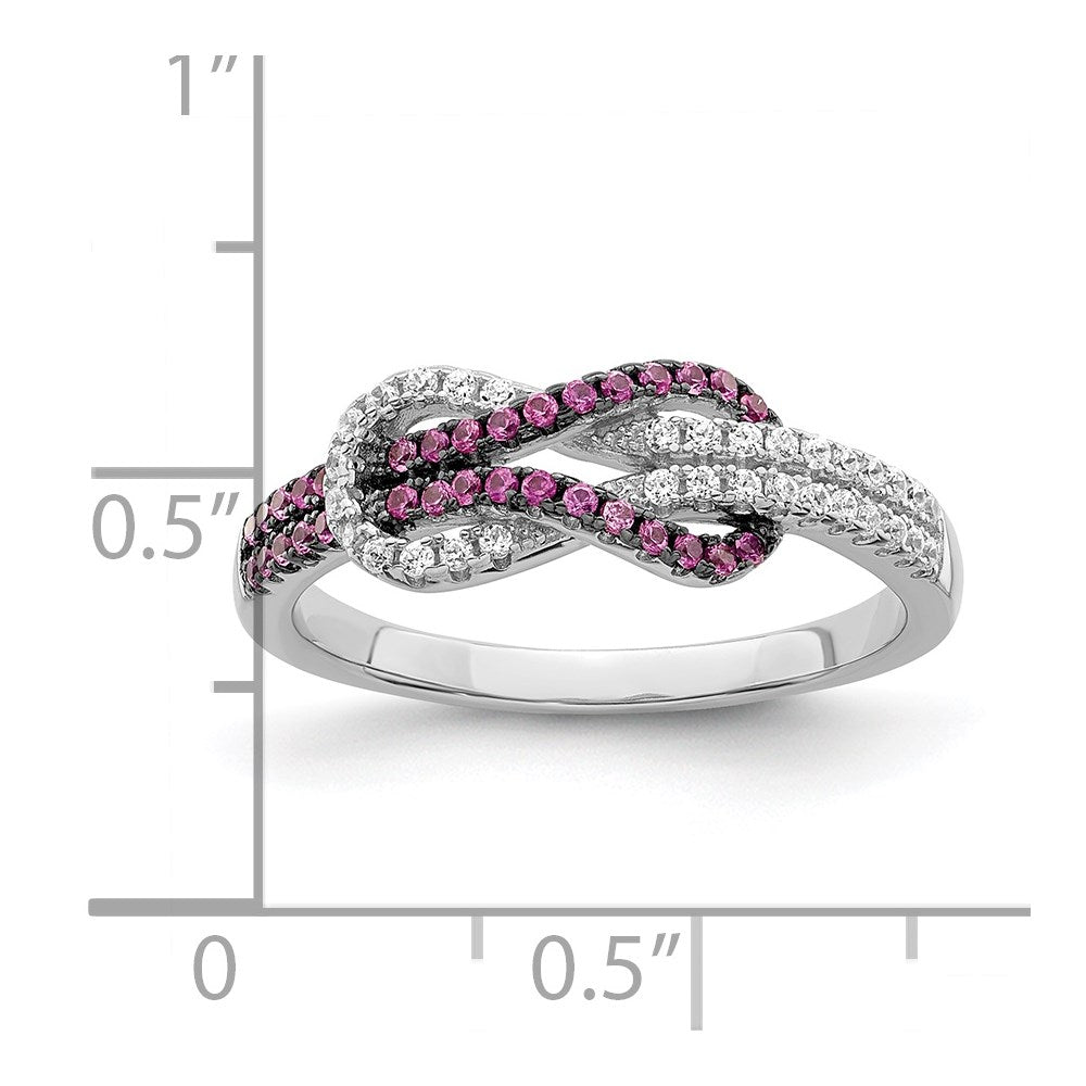 Sterling Silver Brilliant Embers Rhodium-Plated 64 Stone Micro Pav Red And White Cz Love Knot Ring