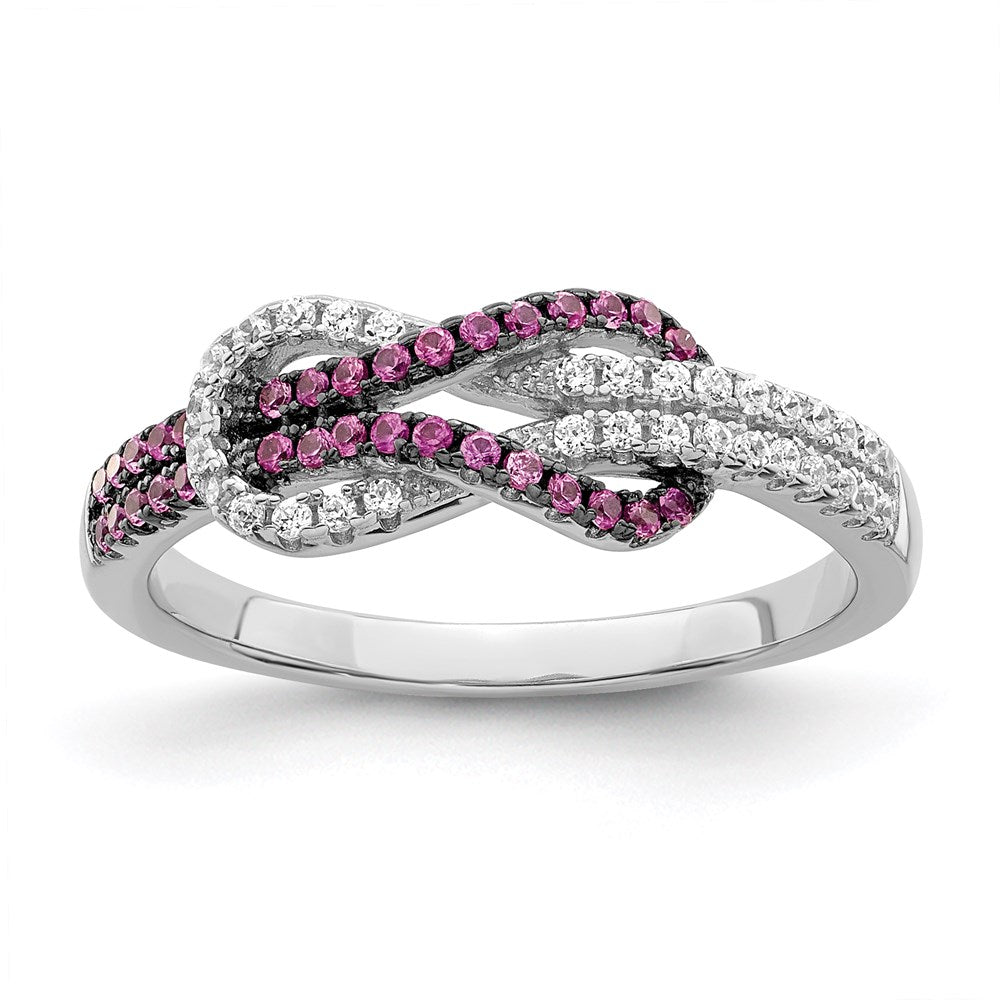 Sterling Silver Brilliant Embers Rhodium-Plated 64 Stone Micro Pav Red And White Cz Love Knot Ring