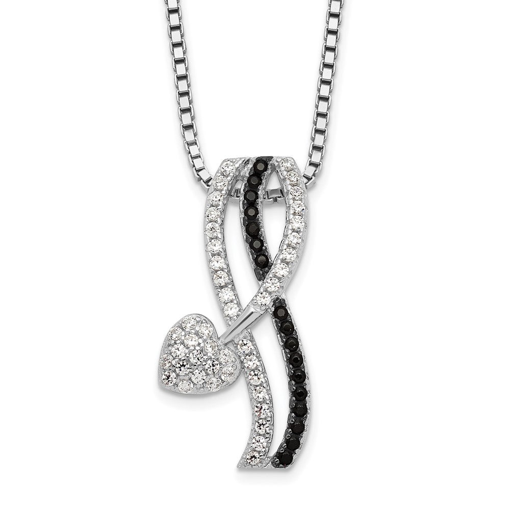 Sterling Silver Brilliant Embers Rhodium-Plated 61 Stone 18 Inch Black Spinel Micro Pav And White Cz Heart Necklace With 2 Extender