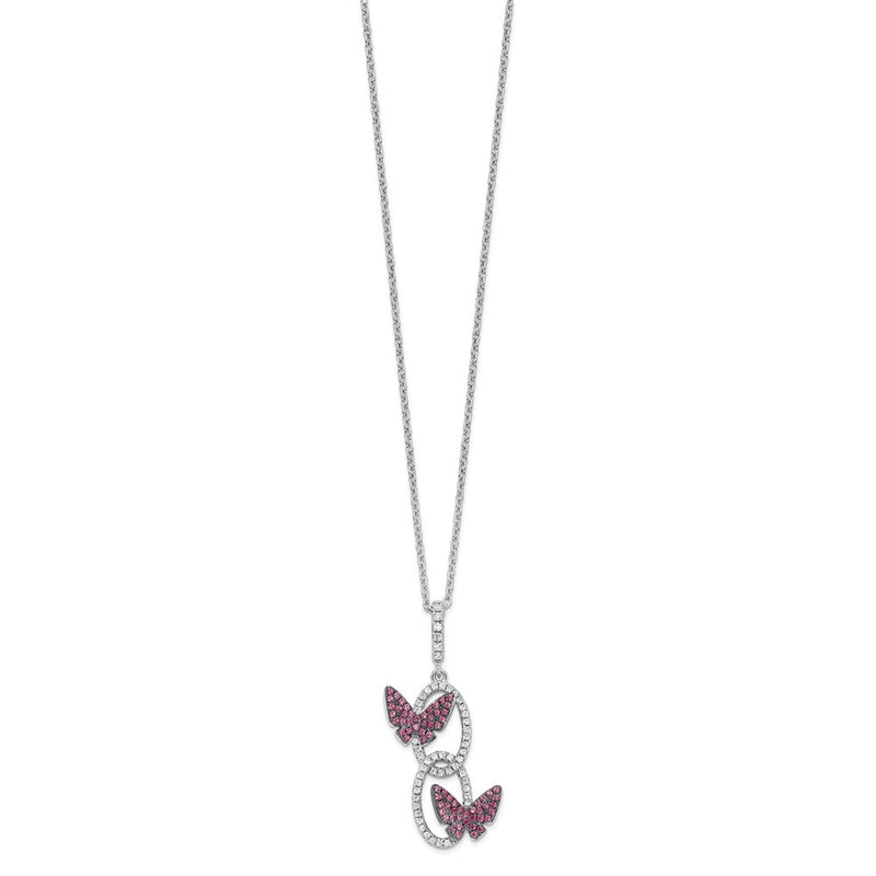 Sterling Silver Brilliant Embers Rhodium-Plated 18 Inch White Cz Ovals With Red Butterflies Necklace 2 Extender