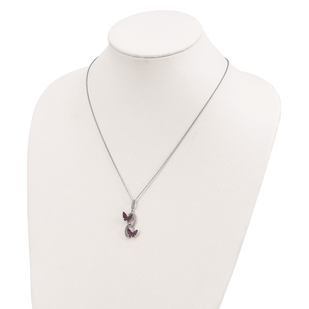 Sterling Silver Brilliant Embers Rhodium-Plated 18 Inch White Cz Ovals With Red Butterflies Necklace 2 Extender