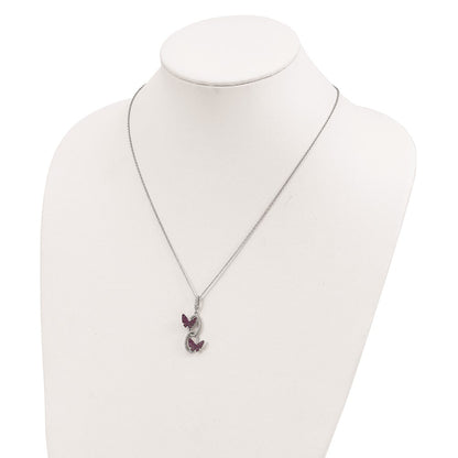 Sterling Silver Brilliant Embers Rhodium-Plated 18 Inch White Cz Ovals With Red Butterflies Necklace 2 Extender