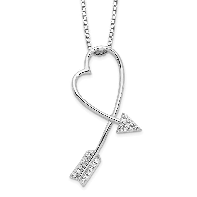 Sterling Silver Brilliant Embers Rhodium-Plated 22 Stone 18 Inch Micro Pav Cz Arrow Heart Necklace With 2 Extender