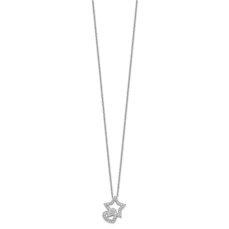 Sterling Silver Brilliant Embers Rhodium-Plated 43 Stone 18 Inch Micro Pav Cz Heart And Star Necklace With 2 Extender