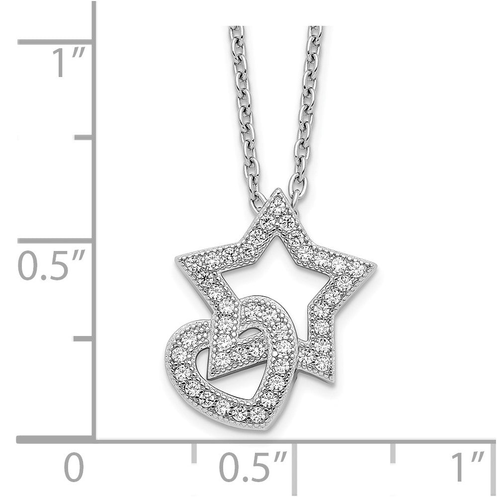 Sterling Silver Brilliant Embers Rhodium-Plated 43 Stone 18 Inch Micro Pav Cz Heart And Star Necklace With 2 Extender