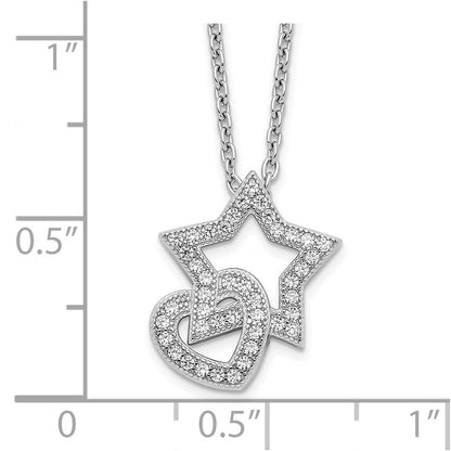Sterling Silver Brilliant Embers Rhodium-Plated 43 Stone 18 Inch Micro Pav Cz Heart And Star Necklace With 2 Extender