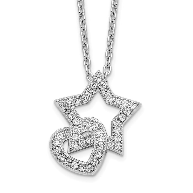 Sterling Silver Brilliant Embers Rhodium-Plated 43 Stone 18 Inch Micro Pav Cz Heart And Star Necklace With 2 Extender