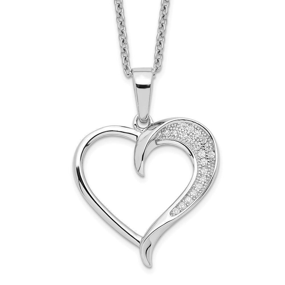 Sterling Silver Brilliant Embers Rhodium-Plated 21 Stone 18 Inch Micro Pav Cz Polished Heart Necklace With 2 Extender