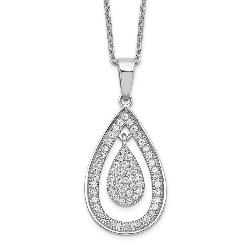 Sterling Silver Brilliant Embers Rhodium-Plated 64 Stone 18 Inch Micro Pav Cz Teardrop Necklace With 2 Extender