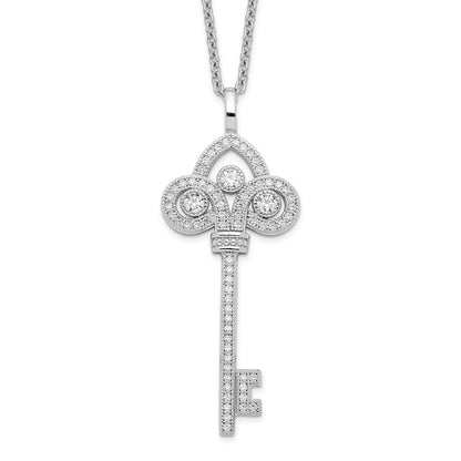 Sterling Silver Brilliant Embers Rhodium-Plated 69 Stone 18 Inch Micro Pav Cz Polished Key Necklace With 2 Extender