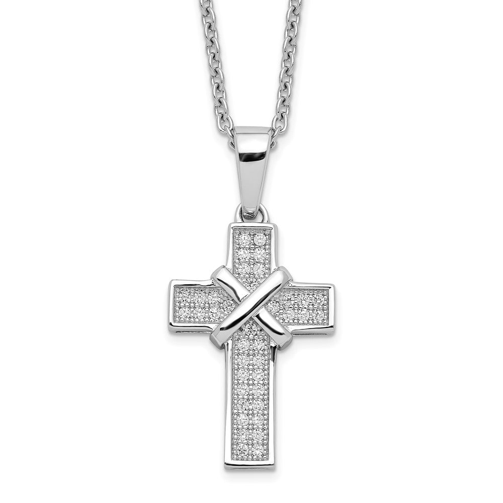 Sterling Silver Brilliant Embers Rhodium-Plated 38 Stone 18 Inch Micro Pav Cz Polished Cross Necklace With 2 Extender