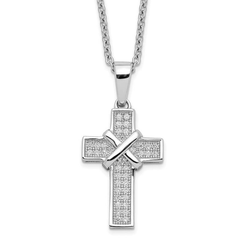 Sterling Silver Brilliant Embers Rhodium-Plated 38 Stone 18 Inch Micro Pav Cz Polished Cross Necklace With 2 Extender