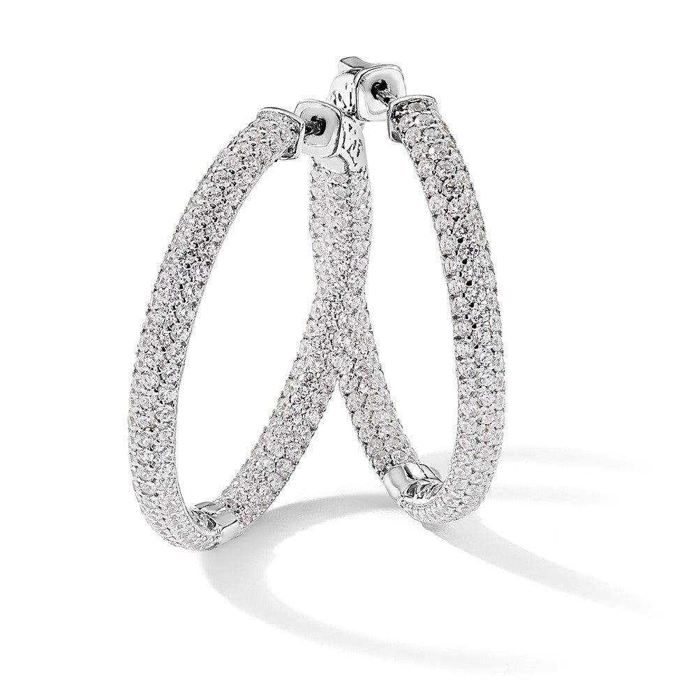 Sterling Silver Shimmer Rhodium-Plated 304 Stone Pav 1.5mm Cz In And Out Round Hinged Hoop Earrings