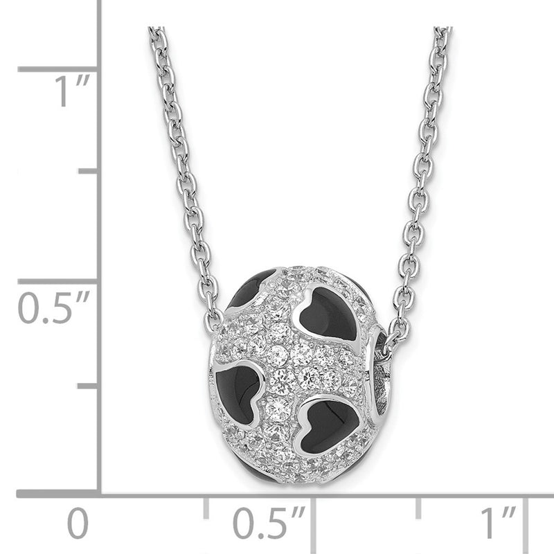 Sterling Silver Black Enamel & Cz True Fire Heart Bead Necklace