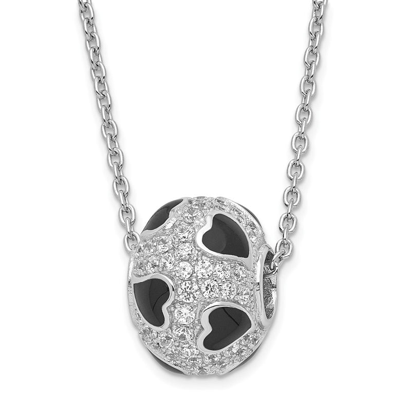 Sterling Silver Black Enamel & Cz True Fire Heart Bead Necklace