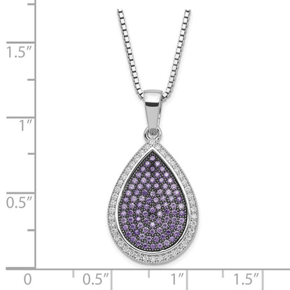 Sterling Silver Rhod-Plated Purple & Clear Cz Teardrop Necklace