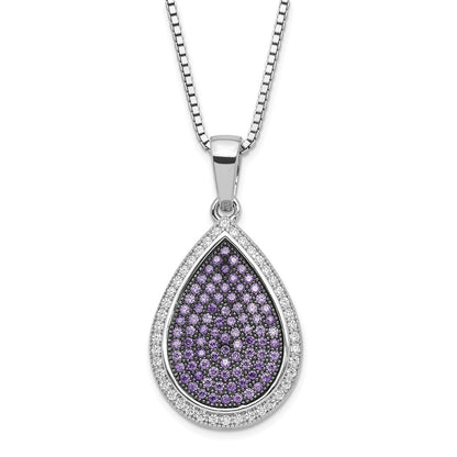 Sterling Silver Rhod-Plated Purple & Clear Cz Teardrop Necklace
