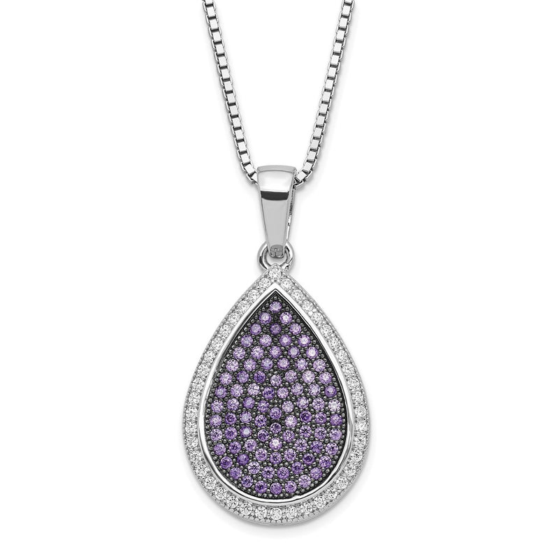 Sterling Silver Rhod-Plated Purple & Clear Cz Teardrop Necklace