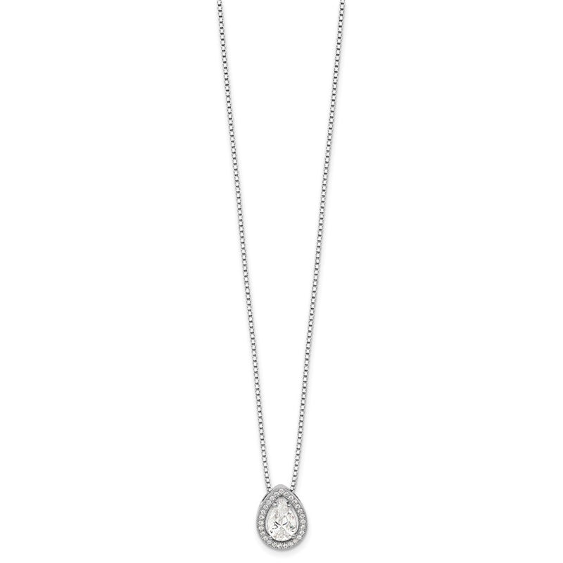 Sterling Silver Brilliant Embers Rhodium-Plated 28 Stone 18 Inch Halo Micro Pav Cz Teardrop Necklace With 2 Extender