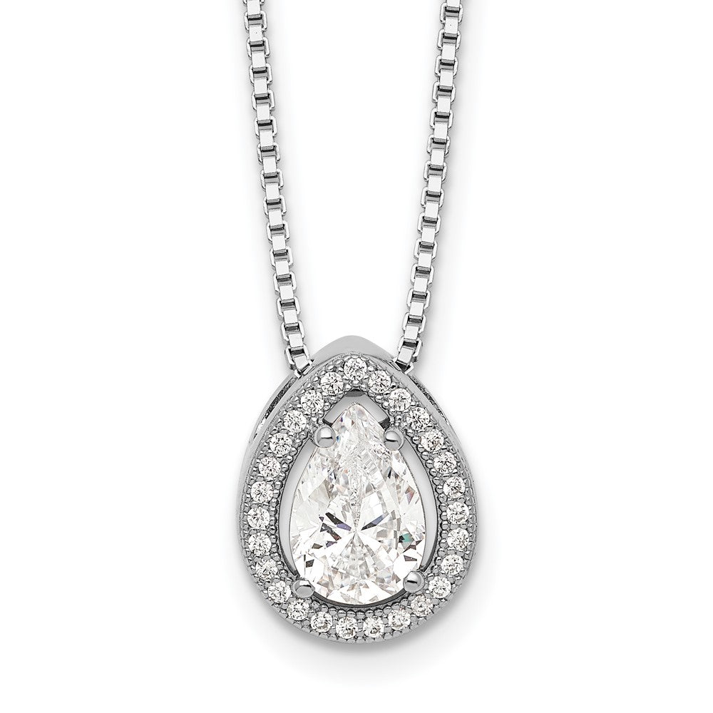 Sterling Silver Brilliant Embers Rhodium-Plated 28 Stone 18 Inch Halo Micro Pav Cz Teardrop Necklace With 2 Extender