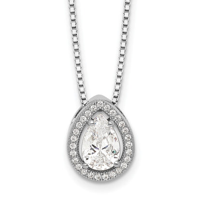 Sterling Silver Brilliant Embers Rhodium-Plated 28 Stone 18 Inch Halo Micro Pav Cz Teardrop Necklace With 2 Extender