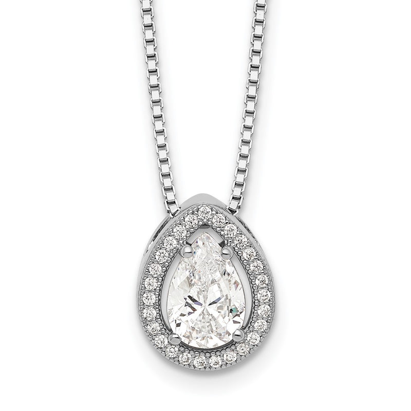 Sterling Silver Brilliant Embers Rhodium-Plated 28 Stone 18 Inch Halo Micro Pav Cz Teardrop Necklace With 2 Extender