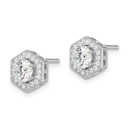 Sterling Silver Brilliant Embers Rhodium-Plated 38 Stone Micro Pav Cz Halo Hexagon Post Earrings