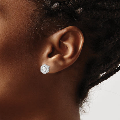 Sterling Silver Brilliant Embers Rhodium-Plated 38 Stone Micro Pav Cz Halo Hexagon Post Earrings