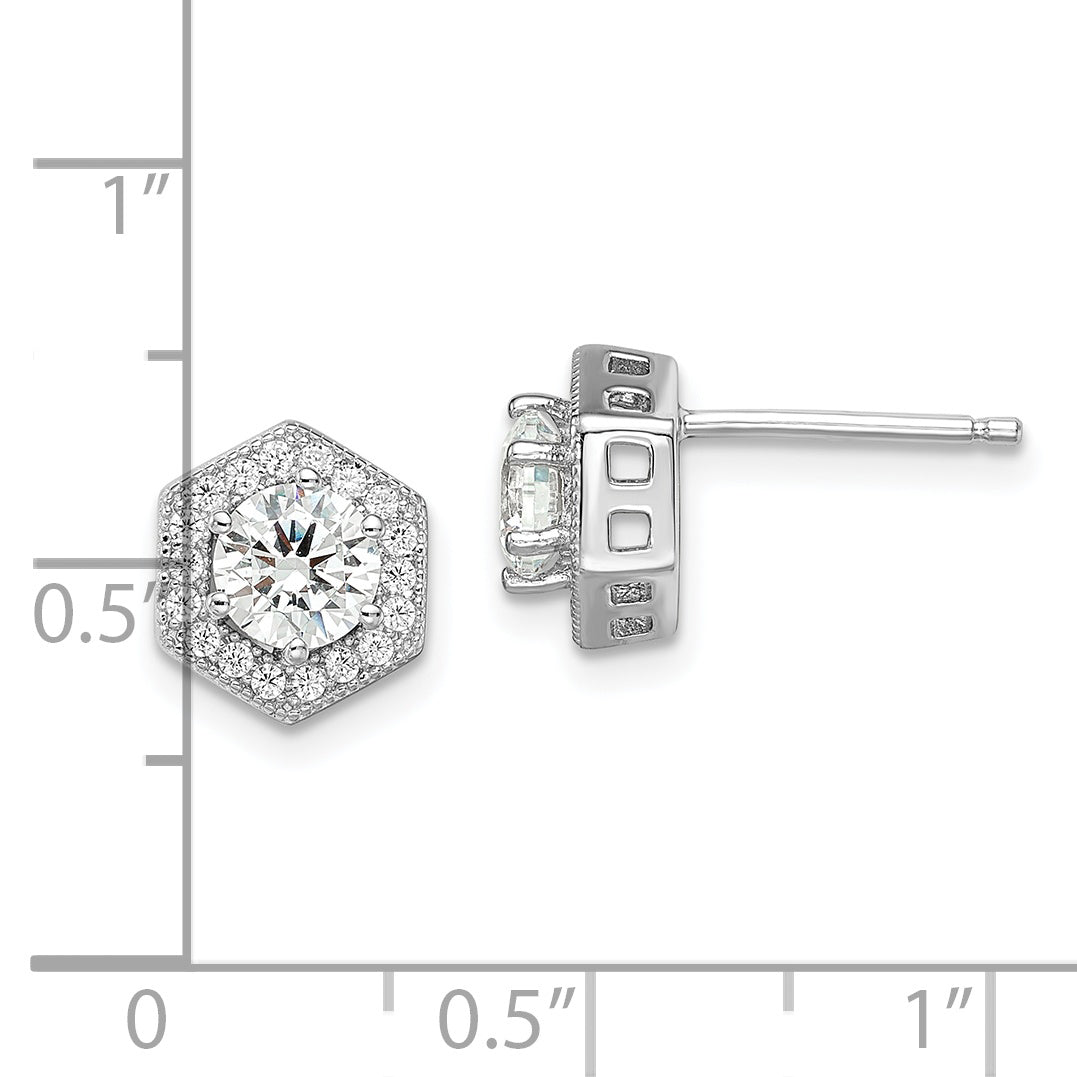 Sterling Silver Brilliant Embers Rhodium-Plated 38 Stone Micro Pav Cz Halo Hexagon Post Earrings