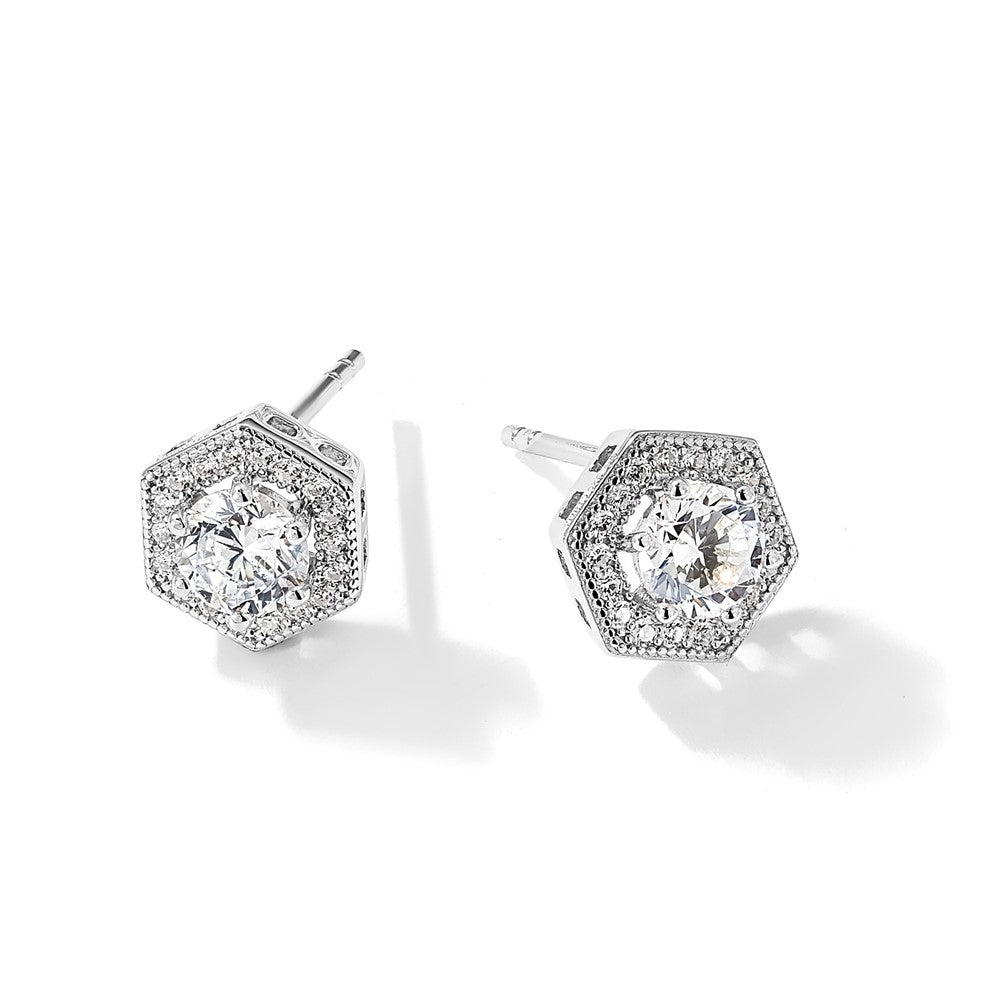Sterling Silver Brilliant Embers Rhodium-Plated 38 Stone Micro Pav Cz Halo Hexagon Post Earrings