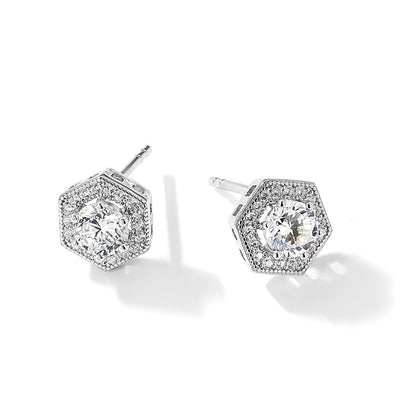 Sterling Silver Brilliant Embers Rhodium-Plated 38 Stone Micro Pav Cz Halo Hexagon Post Earrings