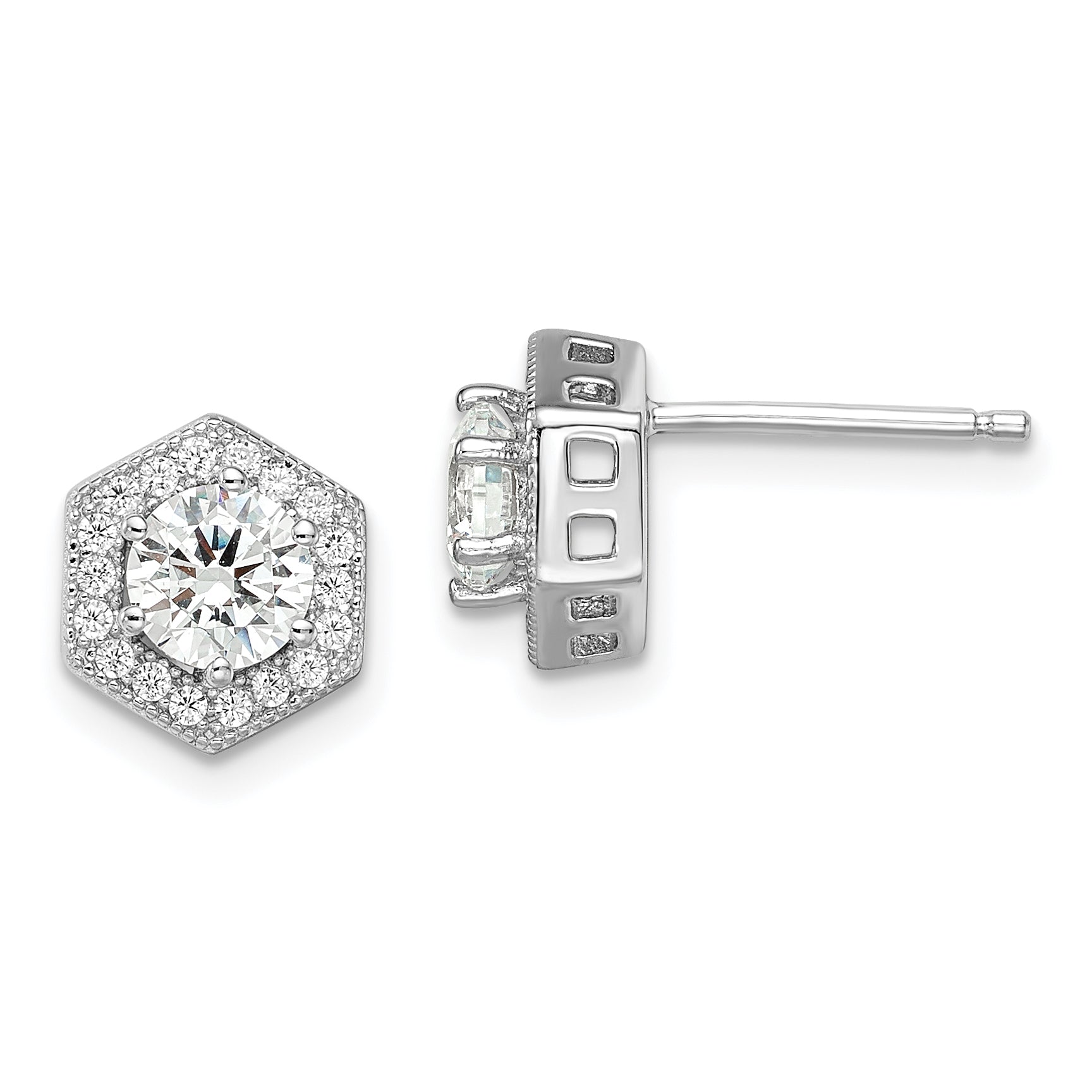Sterling Silver Brilliant Embers Rhodium-Plated 38 Stone Micro Pav Cz Halo Hexagon Post Earrings