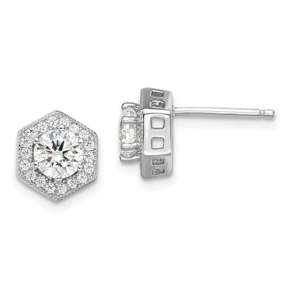Sterling Silver Brilliant Embers Rhodium-Plated 38 Stone Micro Pav Cz Halo Hexagon Post Earrings