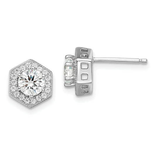 Sterling Silver Brilliant Embers Rhodium-Plated 38 Stone Micro Pav Cz Halo Hexagon Post Earrings