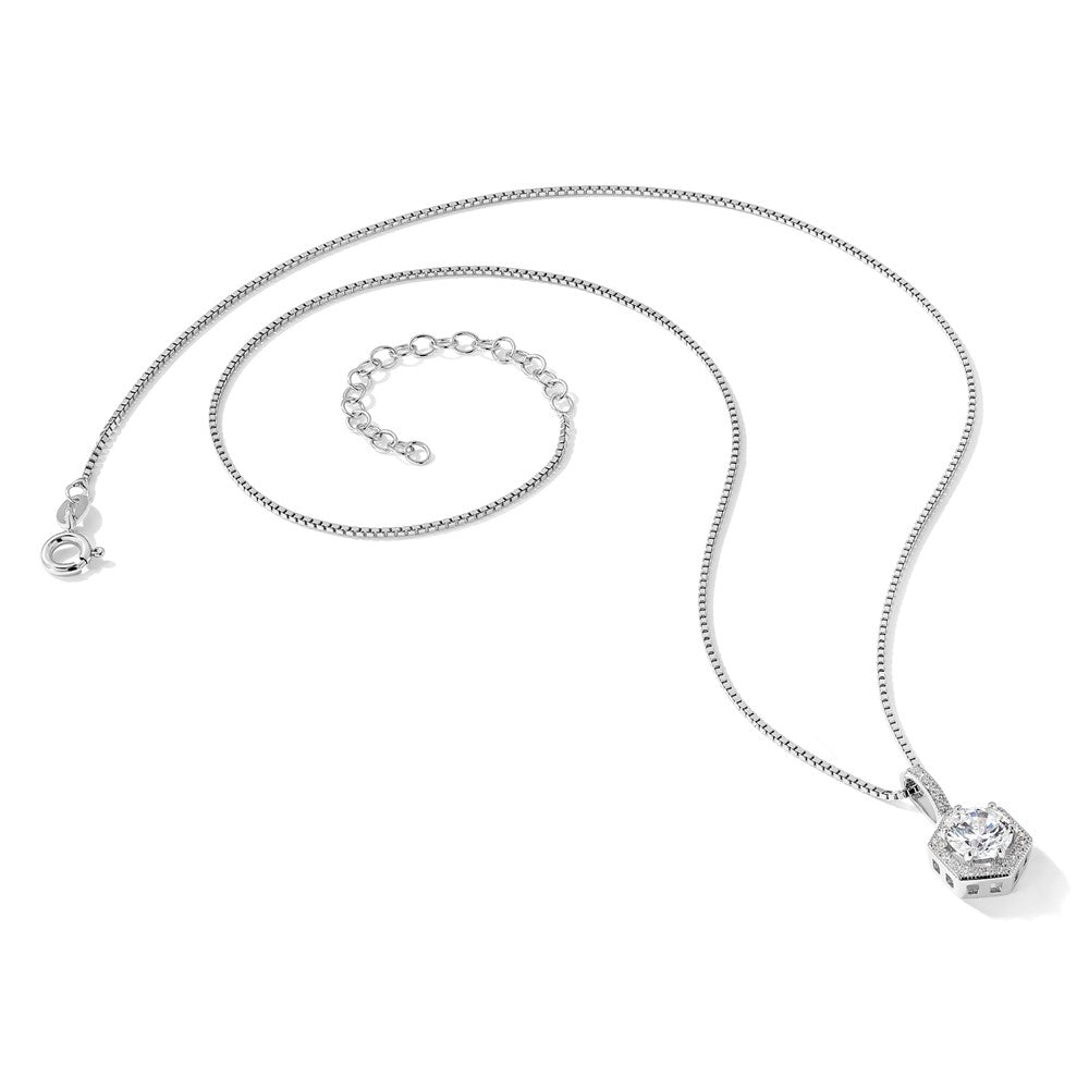 Sterling Silver Brilliant Embers Rhodium-Plated 31 Stone 18 Inch Micro Pav Cz Hexagon Necklace With 2 Extender