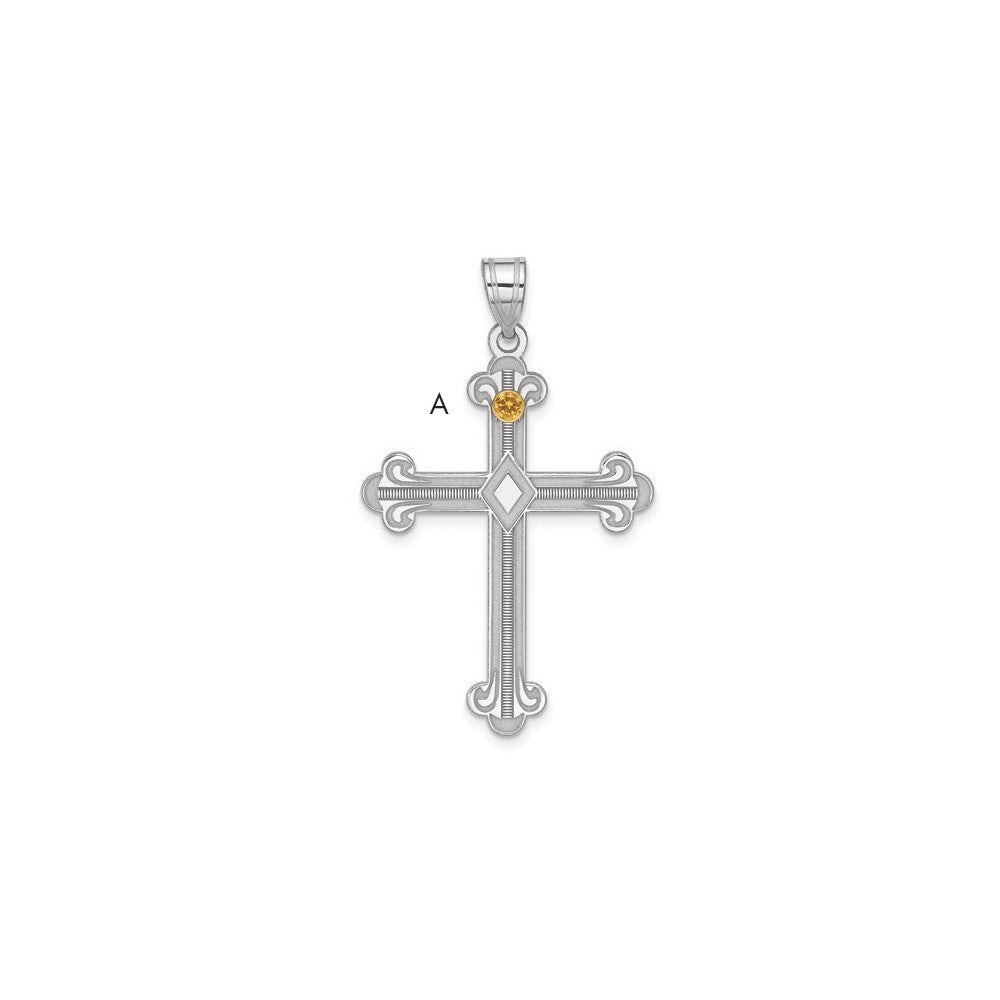Sterling Silver Rh-plt/14K Bezel Crystal Family Cross Pendant