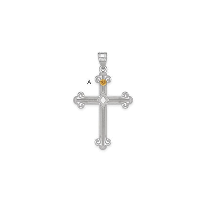 Sterling Silver Rh-plt/14K Bezel Crystal Family Cross Pendant