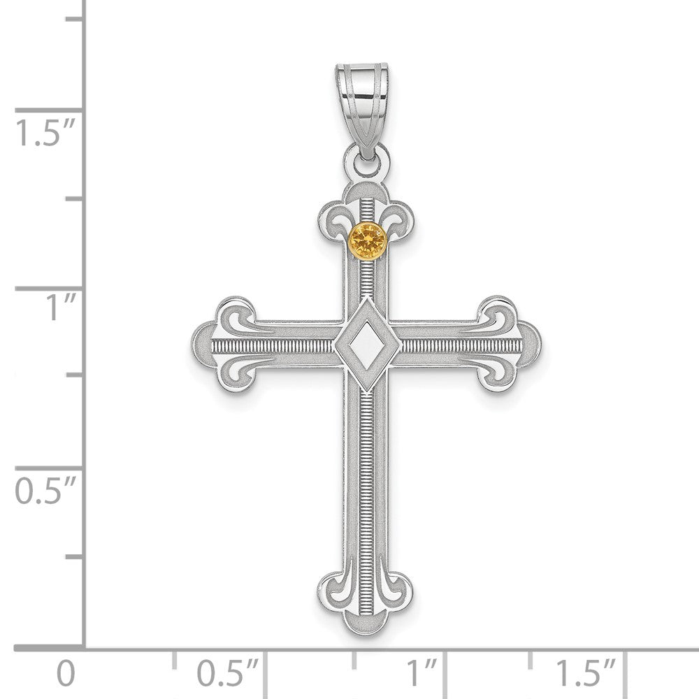 Sterling Silver Rh-plt/14K Bezel Crystal Family Cross Pendant